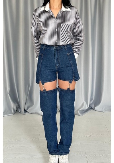 Duygudan Mavi Askılı İki Parça Jeans Pantolon