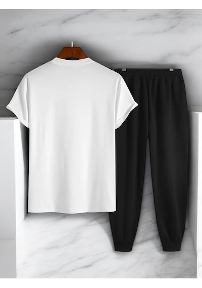 Uyguntarz Unisex Saksı Tasarım Basklı Tshirt Eşofman Takımı Beyaz