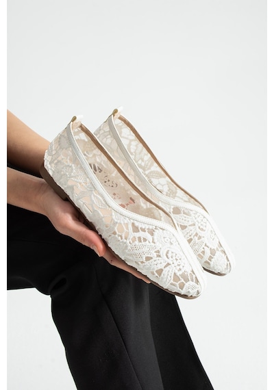 Dabab Shoes Florıa Dantel Kadın Beyaz Düz Babet Dantel Dokuma Çiçek Desenli Zarif Günlük Ayakkabı