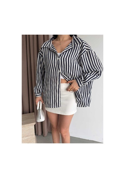 Unika Boutique Çizgili Oversize Gömlek Lacivert