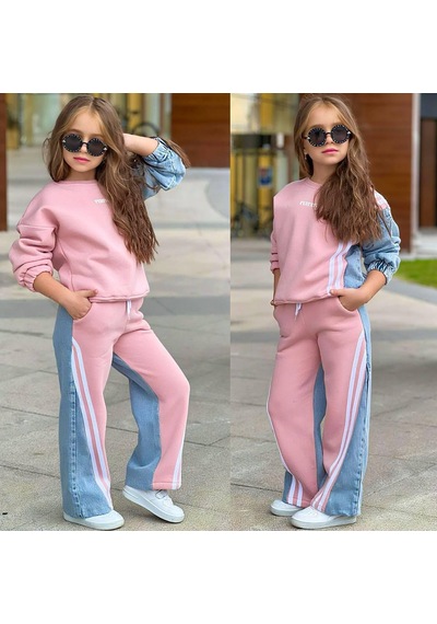 Kız Çocuk 3 İplik Şardonlu Kot Garnili Çizgi Detaylı Sweatshirt Ve Bol Paça Eşofman Takımı 1610-p Pembe