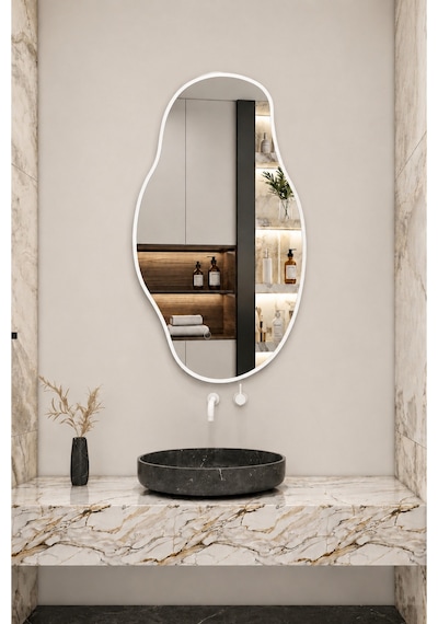 Ant Home Asimetrik Ayna Çerçeveli Ayna Duvar Aynası Konsol Aynası Banyo Aynası Çerçeveli Ayna Beyaz