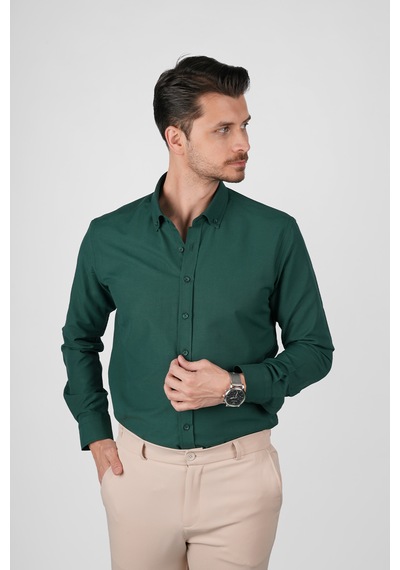 Koyu Yeşil Yaka Düğmeli Premium Şamre Slimfit Erkek Gömlek Koyu Yeşil