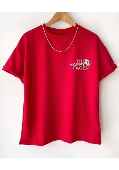 Flood Of Style Erkek Kırmızı Happy Face Baskılı Oversize Tshirt