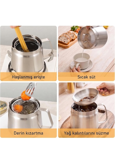 304 Paslanmaz Çelik Kızartma Tenceresi Ve Yağ Süzgeçli Yağdanlık - 2l Süzgeçli Fritöz Sepeti Ve Yağ Filtreli Derin Mutfak Potu