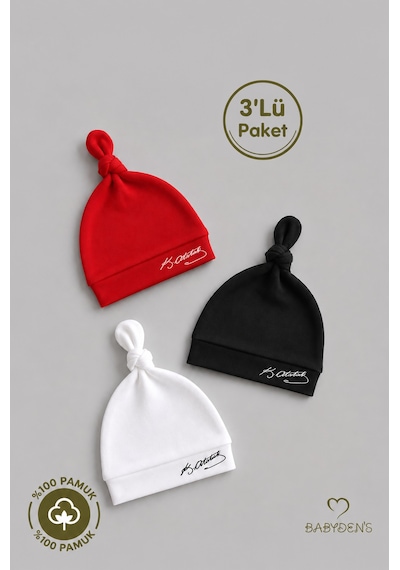 Babyden's Atatürk İmzalı Yenidoğan Bebek Şapka Seti 3 Lü Paket %100 Pamuklu Unisex Bebek Bere Takımı Beyaz - Kırmızı - Siyah