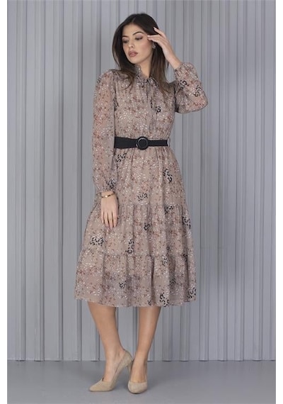 Dip Moda Kadın Kemerli Leopar Desenli Şifon Elbise Dpapcx04 BEJ