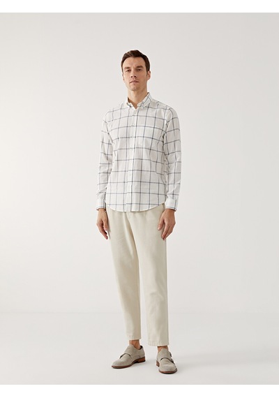 Lcwaıkıkı Classic Beyaz Regular Fit Uzun Kollu Ekose Poplin Erkek Gömlek