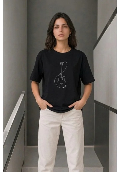 Efnaz Style Minimal Gitar Baskılı Tişört T-shirt Yazlık Kısa Kol Bisiklet Yaka T-shirt - Siyah