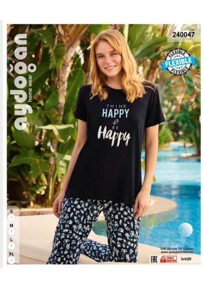 Aydoğan Homewear -think Happy Be Happy- Yazılı Viskon Yazlık Pija Çok Renkli