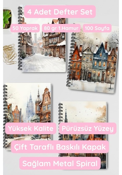 Rustik Kış Şehirleri Tasarımlı Spiralli Defter Seti, 4'lü Paket, 100 Sayfa, Karton Kapaklı A4, Çizgili Çok Renkli