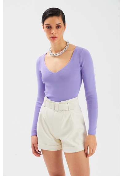 Sateen V Yaka Triko Crop - Lila-131507 Lila