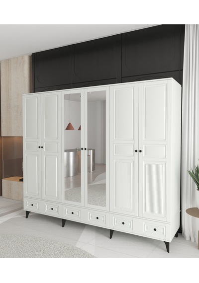 Nil 6 Kapaklı Çekmeceli Gardırop - Tamamı Mdf Beyaz Nil 6 Kapaklı Çekmeceli Gardırop - Tamamı Mdf Beyaz