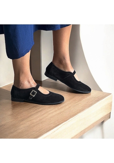 Ne&ve Shoes Siyah Süet Hakiki Deri Tokalı Babet
