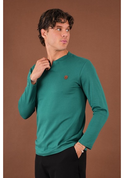 V Yaka Yırtmaç Detaylı Uzun Kollu T-shirt Yeşil