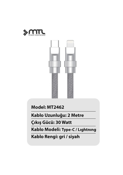 30w Pd Hızlı Şarj Destekli Type-c To Lightning Spiral Sarmal Metal Başlıklı Kablo 2 Metre Mt2462