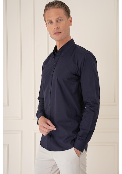 Efor Slim Fit Düğmeli Yaka Dokulu %100 Pamuk Klasik Lacivert Gömlek Gk 726 Lacivert