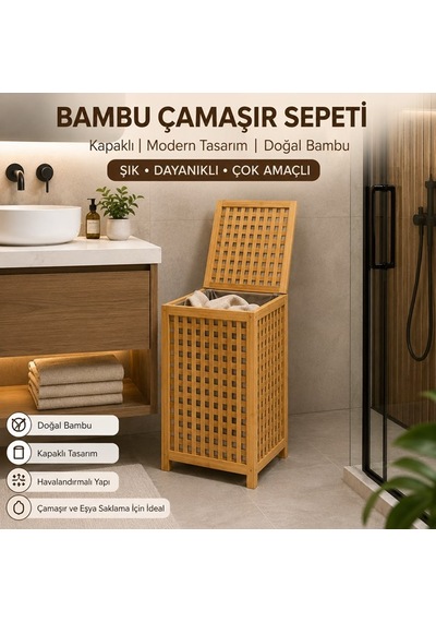 Doğal Bambu Çamaşır Sepeti Kapaklı Kirli Çamaşır Saklama Sepeti Banyo Organizeri