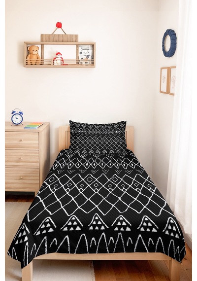Siyah Etnik Geometrik Genç Odası Tek Kişilik Pike Takımı - Modern 160x220 Cm Kapitone Yatak Örtüsü Kışlık Vadi Kabuğu