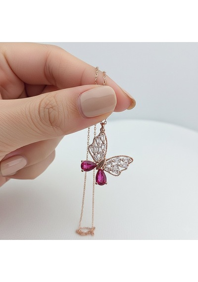 925 Ayar Gümüş Fuşya Damla Ve Baget Taşlı Kelebek Kolye Rose Gold