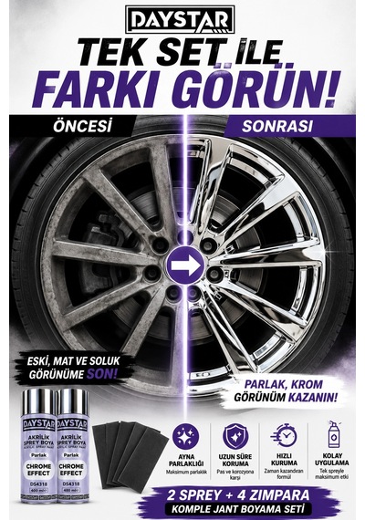 Daystar Jant Boyama Seti 2 Adet Krom Effect Sprey Boya 400 Ml + 4 Adet Zımpara Profesyonel Krom Gö Çok Renkli