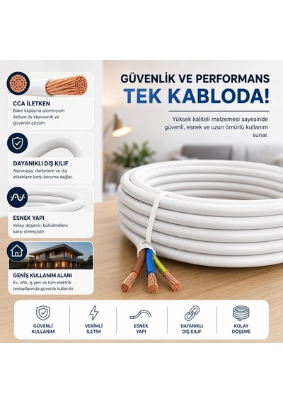 Tr 3x2,5 Mm Cca Ttr Beyaz Renk Kauçuk Topraklı Seyyar Elektrik Kablosu 10 Metre