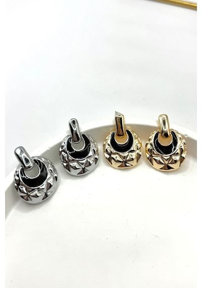 Demokan 3 Cm Geometrik Desen Siyah Mineli Hilal Model Küpe Gümüş