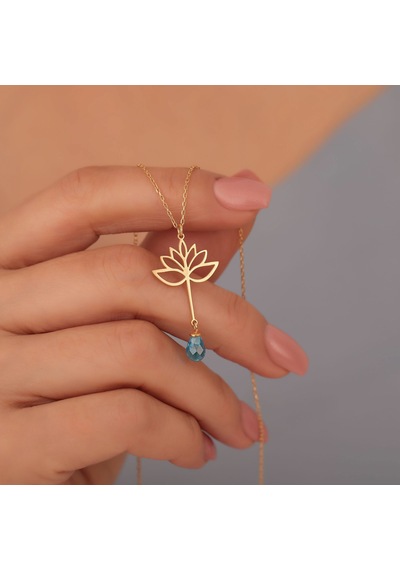 925 Ayar Altın Mikron Kaplama Drop Taşlı Lotus Çiçeği Gümüş Kolye - Cns00592 Altın