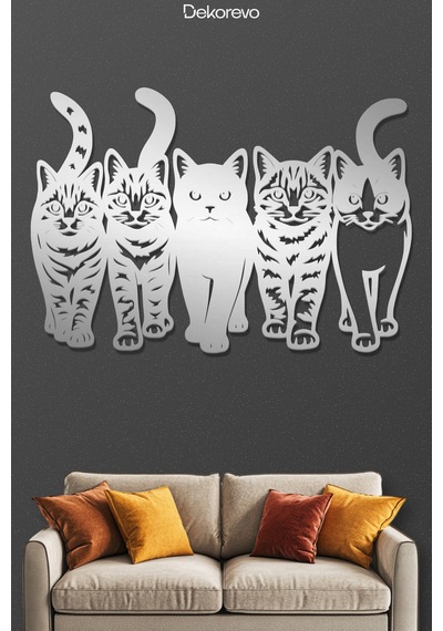 Kedi Çetesi Beşli Kedi Silüeti Metal Duvar Dekoru - Metal Duvar Sanatı - Krom - 30 X 20 Cm