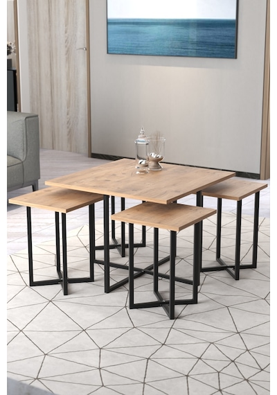 Retodesign Açelya Kare Orta Sehpa Ve 4 Zigon Sehpalı Takım 5005 Ahşap