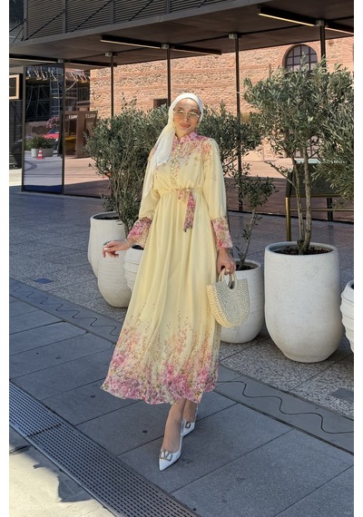 Riella Butik Çiçek Desenli Tesettür Elbise Sarı