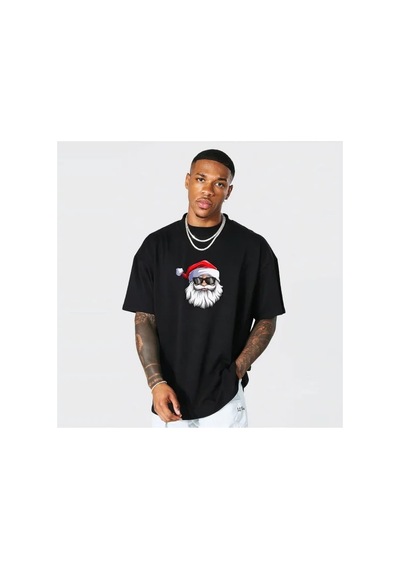 Veraura Lifestyle Yılbaşı Gözlüklü Noel Baba Baskılı Kısa Kollu Oversize Bisiklet Yaka T-shirt - Siyah