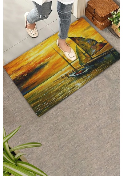 Valerine Life Deniz Gemi Ve Gün Batımında Huzur Temalı Welcome Hoş Geldiniz Kapı Önü Paspası 45x70cm Kahverengi