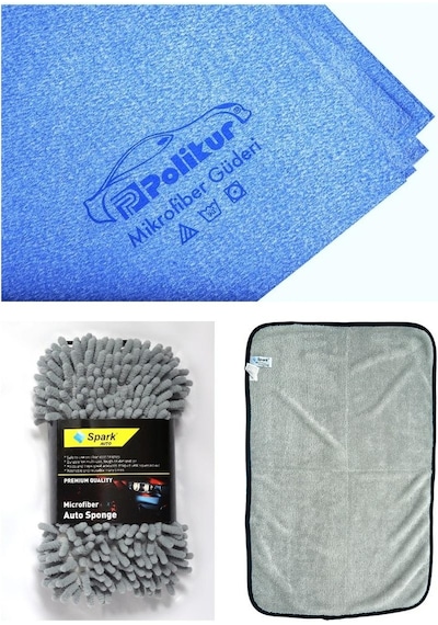 Polikur 3356 Güderi Oto Kurulama Bezi & Spark 7040 Yıkama Süngeri & Spark 2315 Havlu Bez 3'lü Set