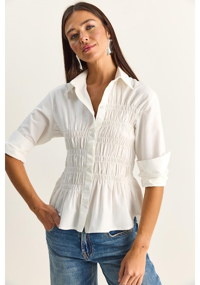 Shade Kadın Asimetrik Büzgü Detaylı Lastikli Bel Formlu Düğmeli Poplin Gömlek 0998 60286161 - Beyaz Shade Kadın Asimetrik Büzgü Detaylı Lastikli Bel Formlu Düğmeli Poplin Gömlek 0998 60286161 - Beyaz