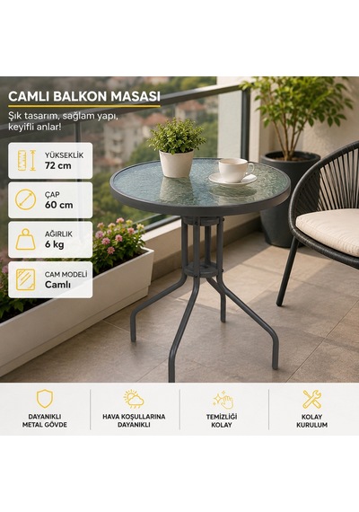Yuvarlak Bahçe Balkon Masası 60 Cm Çap Buzlu Tamperli Cam