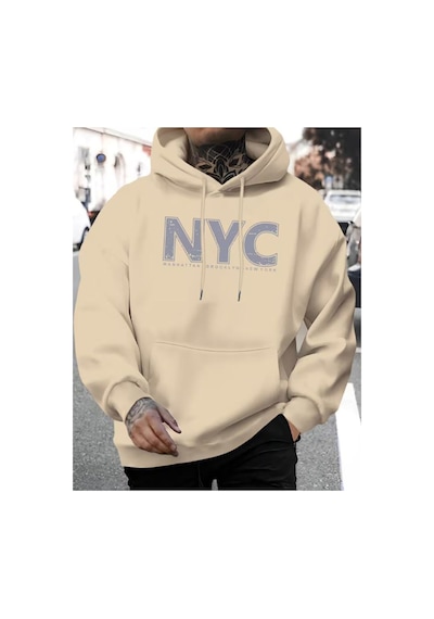 Herkesemoda Nyc Baskı Detaylı Kapüşonlu Sweatshırt Bej