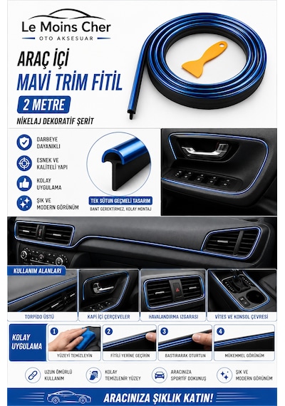 Volkswagen Crafter Panelvan Araç İçi Mavi Trim Fitil 2 Metre Nikelaj Dekoratif Şerit