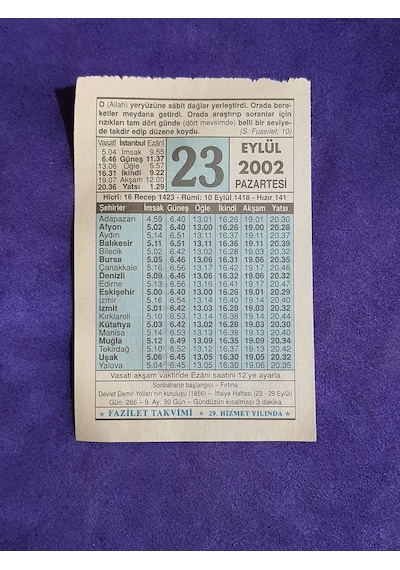 23 Eylül 2002 Takvim Yaprağı - Nostalji Koleksiyonluk Takvim Yaprağı