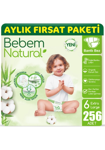 Bebem Natural Bebek Bezi 6 Beden E.large 2 Aylık Paketi 256 Adet
