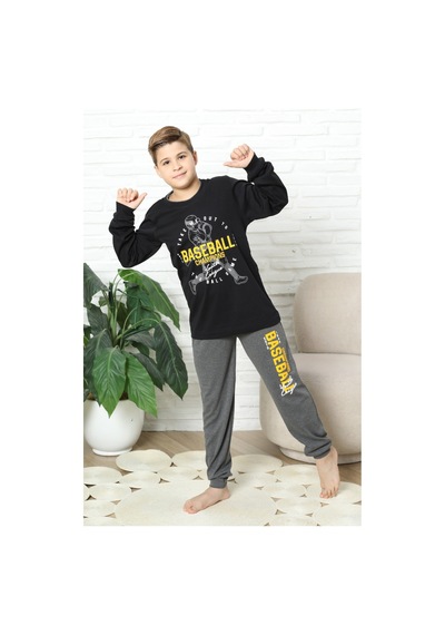 Modanino Erkek Çocuk Pijama Takımı %100 Pamuk İnterlok Kumaş 12447 Siyah