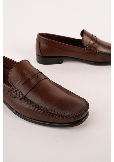 Muggo Vogayer Hakiki Deri Erkek Günlük Klasik Loafer Ayakkabı Kahverengi