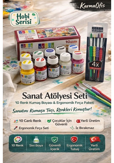 Kumaş Boyası Seti 10 Renk + Fırça Seti Sanat Atölyesi Paketi Canlı Renkler Krem