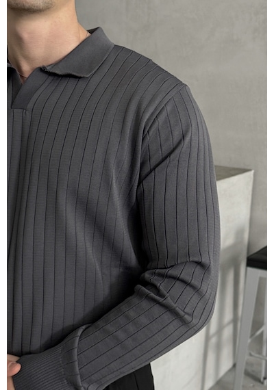 Erkek Polo Yaka Fitilli Oversize Triko Kazak Antrasit