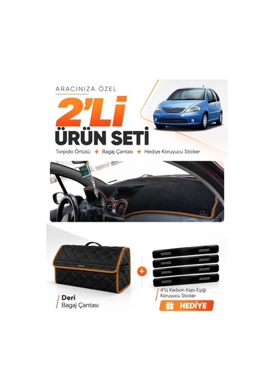 E-biz Cıtroen C3 2004-2009 Uyumlu Torpido Örtüsü + Deri Bagaj Çantası - Siyah-kahverengi - Cı004