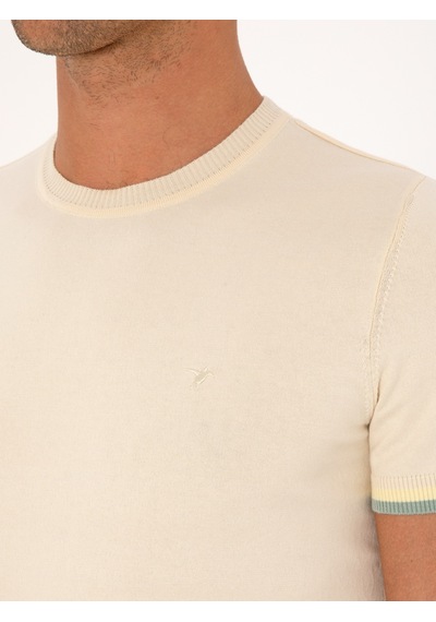 Ekru Slim Fit %100 Pamuk Bisiklet Yaka Triko T-shirt Bej