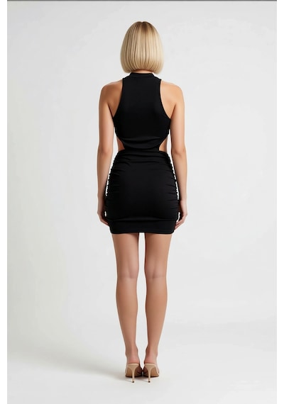 Benerly Kadın Kolsuz Bisiklet Yaka Drape Detaylı Esnek Bodycon Mini Elbis Siyah