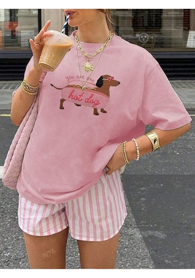 Flood Of Style Kadın Pembe Hot Dog Baskılı Oversize