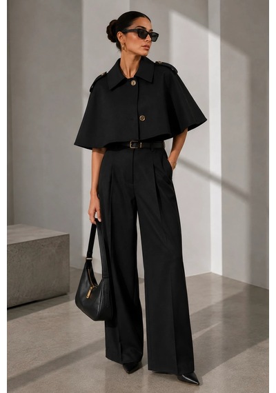 Bb Butik Basic Kadın Premiun Omuz Apoletli Crop Panço Trençkot Fs3434 Siyah