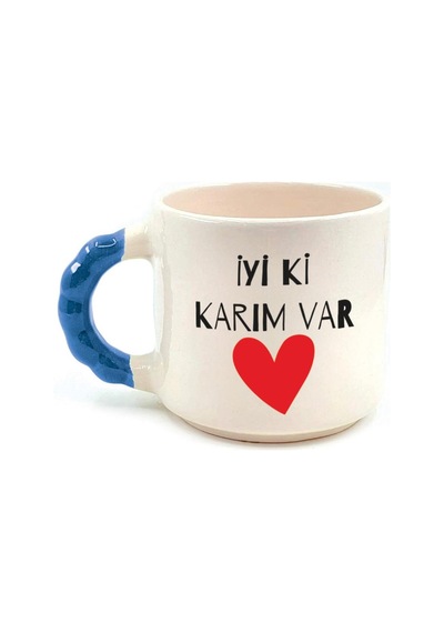İyi Ki Karım Var Baskılı Mavi Kulplu Boncuk Sevgililer Günü Kupası